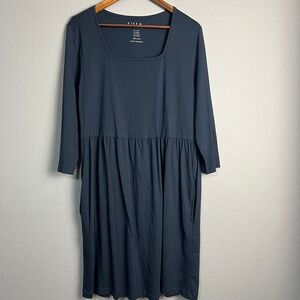 Ulla Popken Empire A Line Cotton Dress Square Neck 3/4 SL Pockets Blue US 12/14